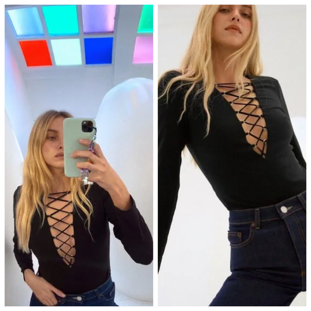 Zara Black Lace Up Front Long Sleeve Bodysuit Size Medium Blogger's Favorite